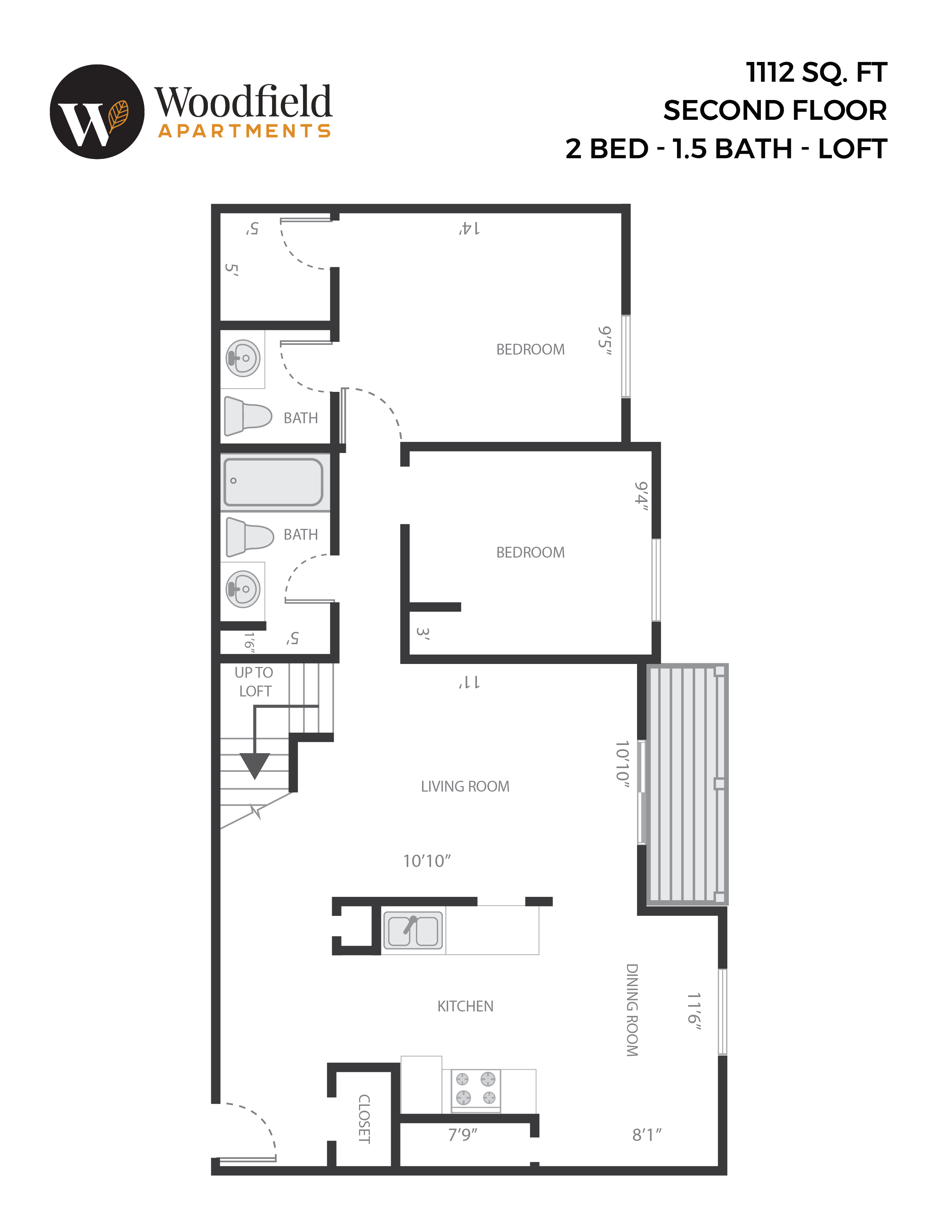 Floor plan for 2 beds, 1.5 baths, 1112 sqft